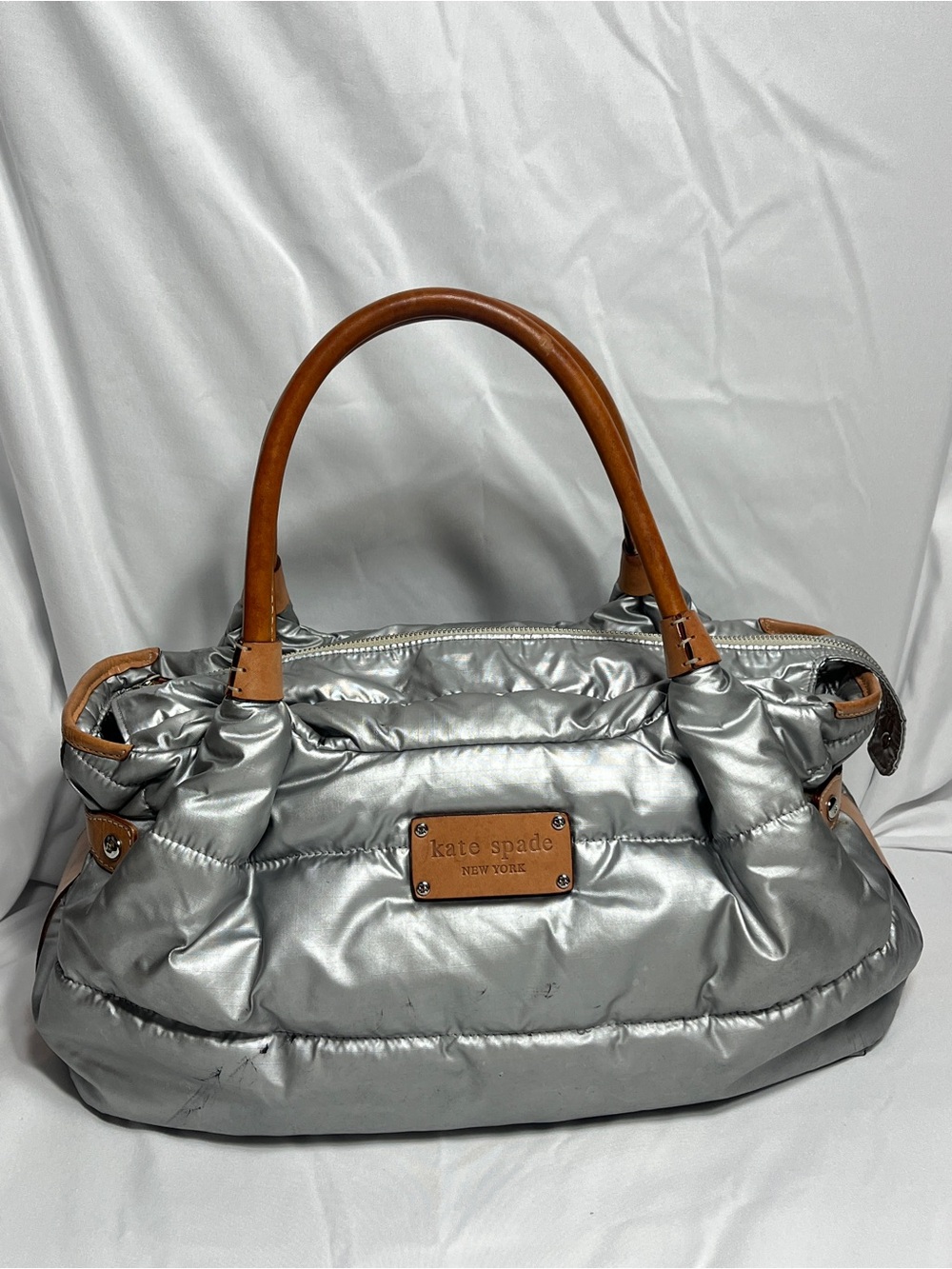 kate spade Silver Quilted Satchel with Brown Leather Handles
